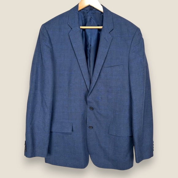 J. Crew Thompson Linen Cotton Blazer Sport Coat Men 42L Navy Plaid 2 Button - Picture 1 of 12